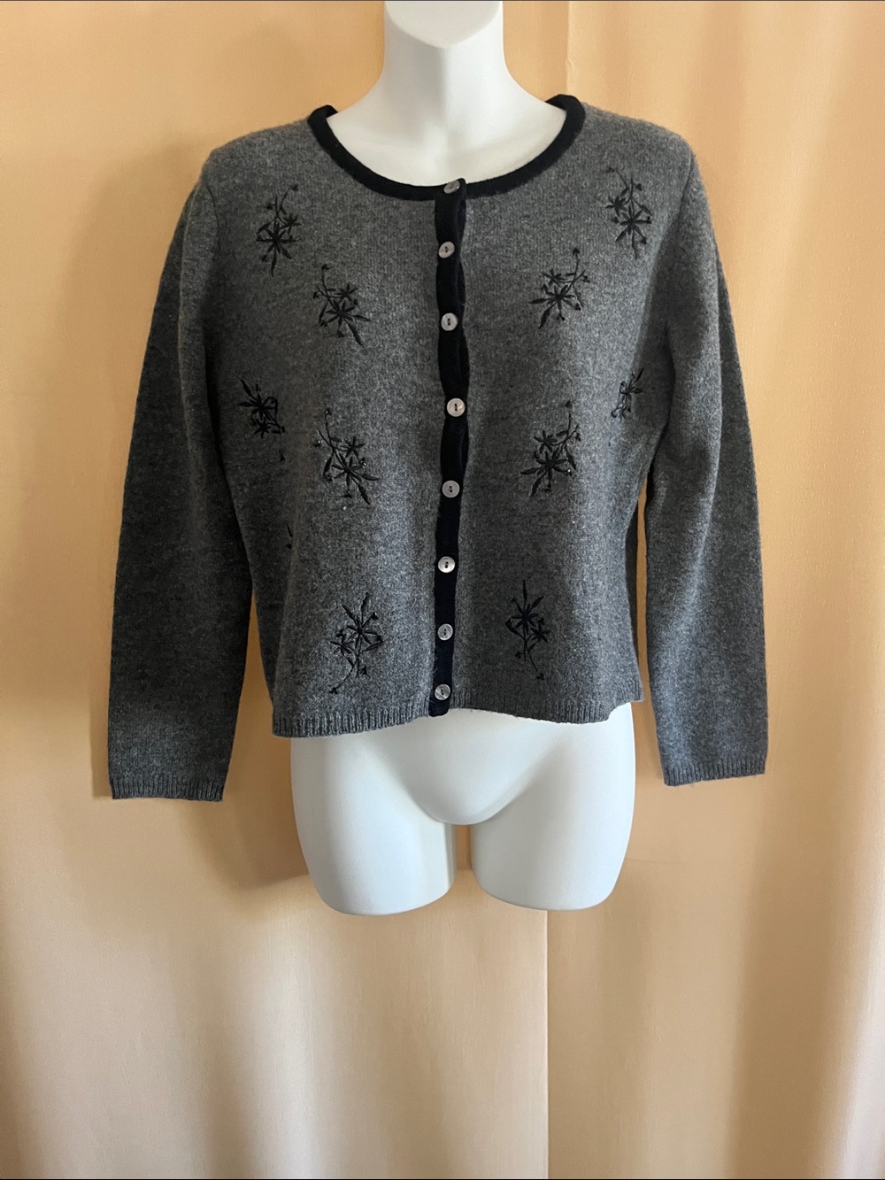 Embroidered Gray Button-Front Women's Cardigan